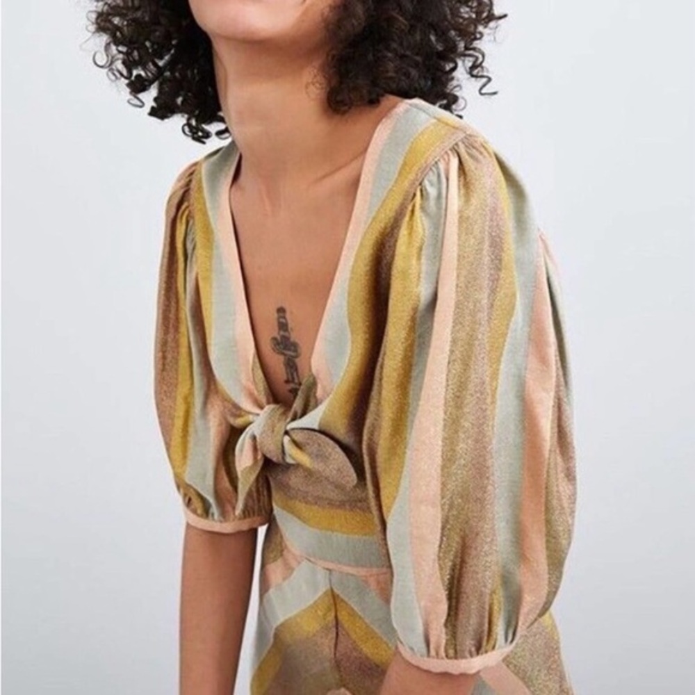 Zara Boho Multi pastel color Striped Crop Top front tie & 3/4 Sleeves Size Small
